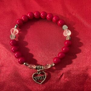 Bracelet red coral crystal with hearts and silver heart charm